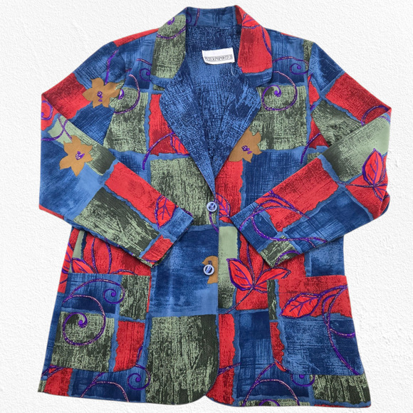 90s Vintage Peter Popovitch Patchwork Blazer Jacket Size Large Bold Fall Floral - Picture 1 of 7
